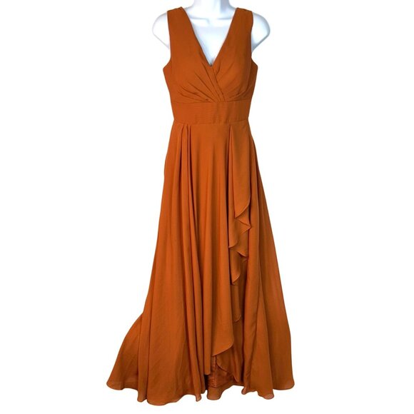 Pomuyoo Milani Orange High Low Sleeveless V-Neck Chiffon Bridesmaid Dress Size 4 - Picture 2 of 9